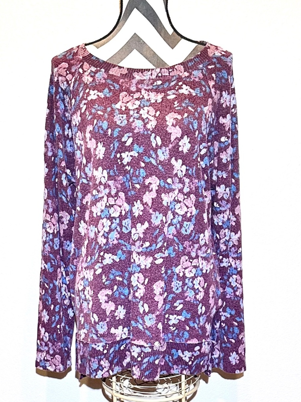Peace & Pearls Women’s Floral Burgundy Boho Relaxed Fit Sweater Size XL